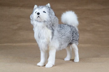 Simulatie sledehond model, grote 30x24 cm plastic & grijs furs staande husky hond handwerk woondecoratie speelgoed Xmas gift w5723