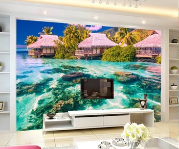 Papel de parede Zee Tropen Bungalow Natuur wallpapers, hotel keuken woonkamer tv achtergrond sofa muur kinderkamer 3d muurschilderingen