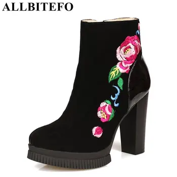ALLBITEFO supper high heels platform retro women boots flock Embroidery thick heel martin boots ankle boots woman girls shoes