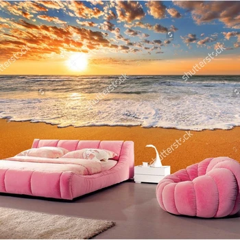 Natuurlijke landschap behang, Kleurrijke oceaan strand zonsopgang, 3D foto muurschildering voor woonkamer slaapkamer restaurant muur vinyl behang