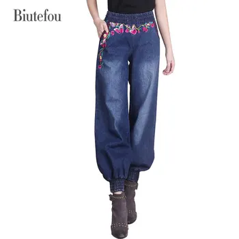 2017 Nieuwe collectie lente vrouwen grote maat losse jeans borduurwerk mode bloemen verfraaien elastische mid taille dames harembroek