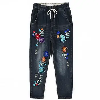 4XL-6XL Plus size katoen borduurwerk potlood jeans nieuwe mode merk vrouwen pauw borduurwerk elastische taille jeans wj252