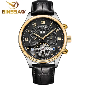 Binssaw mechanische horloges mannen lederen tourbillon horloge top luxe merk mens automatische business polshorloge relogio masculino