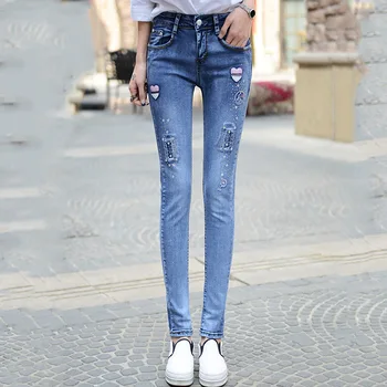 De nieuwe lente en zomer 2016 Koreaanse vrouwen jeans steen borduurwerk potlood broek slanke slanke Stretch Jeans