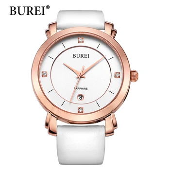 BUREI Nieuwe Collectie Vrouwen Quartz Horloge Top Fashion Merk Diamond Sapphire Lens Vrouwelijke Klok Lederen Band Goud Staal horloge