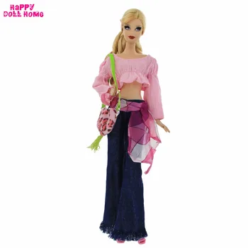 Hoge Kwaliteit Outfit Dagelijkse Vrijetijdskleding Roze Hoorn Mouw Tops sjaals riem jeans kleding voor barbie fr kurhn pop accessoires Gift