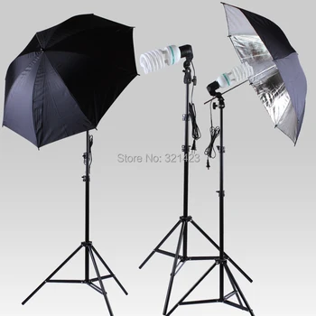 NIEUWE FOTOAPPARATUUR twee Zilveren paraplu en Drie 150 w Lamp Houder E27 Stopcontacten en 2 m licht stands En lampen