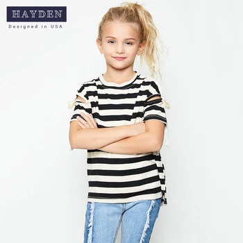 Hayden gloednieuwe Meisjes t-shirt gestreepte korte mouw casual kinderen kleding 7-14Y kinderen zomer t-shirt voor meisjes G3908