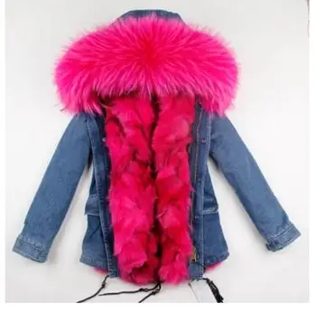 2017 nieuwe mode vrouwen luxe Grote wasbeer bontkraag warm jas parka real vossenbont liner denim winter jassen DHL gratis