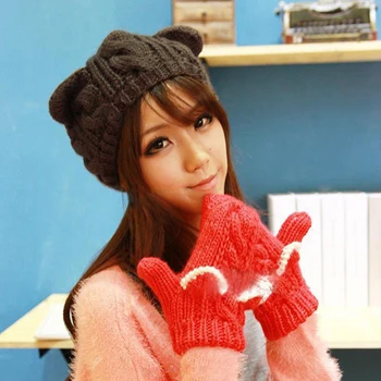 Fashion Koreaanse Vrouwen lady duivelshoornen Cat Ear Haak Gevlochten Knit Ski Beanie Wol Hoed Cap winter warm baret 2078
