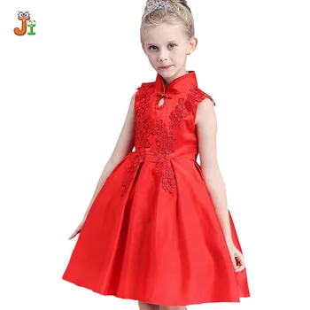 Kinderkleding lente nieuwe meisjes kleding mode sweet jurk rode mouwloze borduren bloem knie jurk 3-9 t meisje kleding
