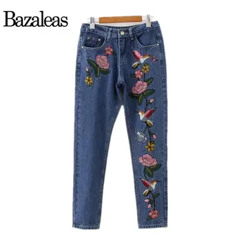 Bazaleas 2017 Zakken Straight Denim Jeans Vogel Bloem geborduurd Jean Punk Denim Broek Plus Size Vrouwen Bodem