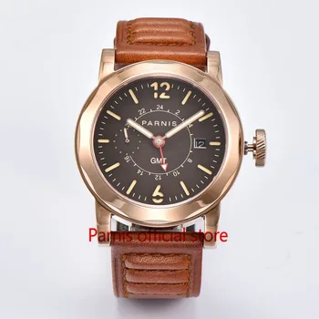 Fashion 43mm Mechanische Horloge Mannen Parnis Automatische Horloges Gold Case Meeuw Beweging GMT Auto-Datum Echt Lether Polshorloge