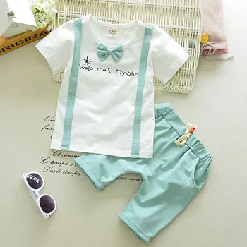 Zomer Baby Kleding Set Korte Mouw T-shirt Tops Met Tie + Plaid Broek Pak Kids Jongen Kostuum 1-4Y