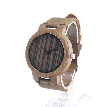 Unisex Retro Lederen Fashion Zebra Houten Horloge Japan Beweging Quartz Met Echt Rundleer Band Casual Horloges