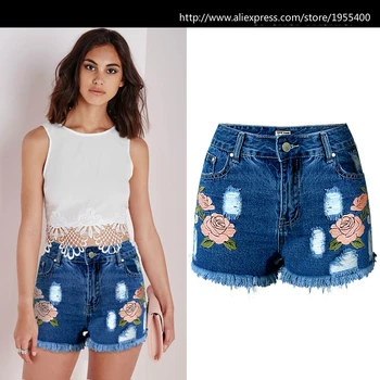 Hoge Kwaliteit 3D Borduren Shorts Vrouwen 3D Bloemen Bekrast Hoge Taille Jeans Femme Zomer Stijl Korte Jeans Feminino Oh