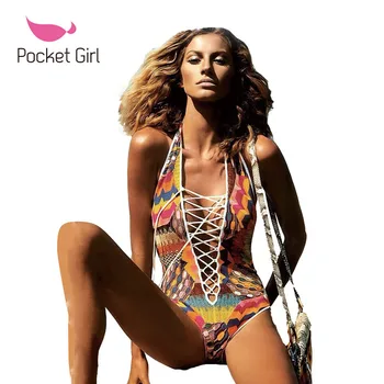 Pocket girl 2017 vrouwen push up trikini print badmode een Badpak Cut Monokini Bandage Badpak maillot de bain