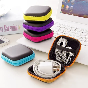 6 Kleuren Mini Rits Hard Case Hoofdtelefoon PU Lederen Oortelefoon Tas Beschermende Usb-kabel Organizer Draagbare Oordopjes Pouch Box