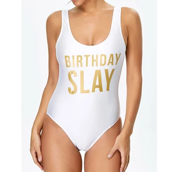 Verjaardag SLAY Brief Print Badpakken Vrouwen Sexy Back Lage Bodysuit Badmode Bathing Beach Wear Jumpsuit Vrouwelijke