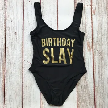 Verjaardag SLAY Brief Print Badpakken Vrouwen Sexy Back Lage Bodysuit Badmode Bathing Beach Wear Jumpsuit Vrouwelijke