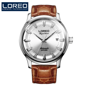 LOREO Duitsland horloges mannen luxe merk royal klassieke automatische zelf-wind mechanische horloge saffier zilveren Lederen riem