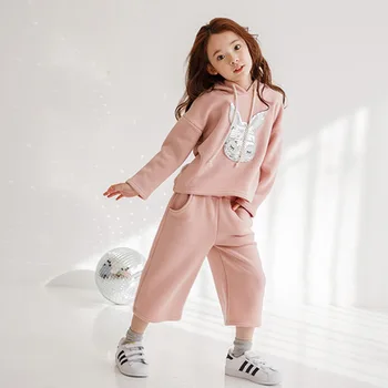 2016 Kids Baby Meisje Kleding Set roze Hooded konijn pailletten trui + Breed Been Broek 2 stks Kinderen Outfits Meisjes Set