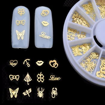 1 Stks Nieuwe 3d Gold Metal Nail Art Sticker Decoratie Wiel Butterfly Lippen Ontwerp Tiny Slice DIY Nail Accessoires