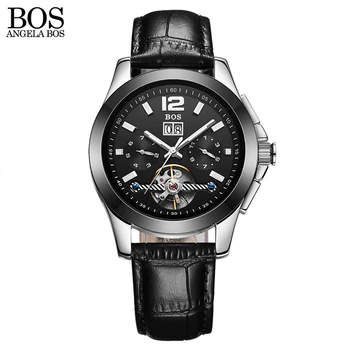 Angela bos mode luxe merk skeleton horloge mannen mechanische automatische lederen waterdicht datum week lichtgevende horloge mens