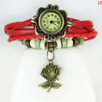 2017 vrouwen Mode Horloge Quartz Bloem Hanger Weave Lederen Armband Dame Meisje Jurk Polshorloge Vintage Klok 12 Kleuren