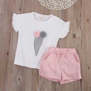 Meisjes Zomer Icecream Bloem Outfits Baby Kids Meisje Bloemen t-shirt + Shorts Broek Outfits Kleding Sets