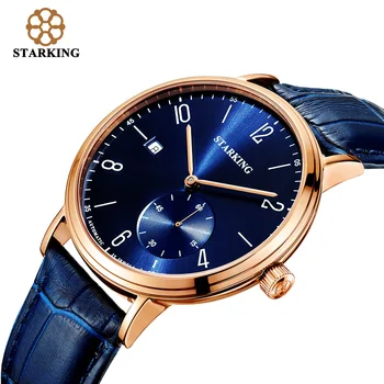 Starking luxe mannen automatische mechanische horloge zelf-wind auto datum skelet elegante blauwe lederen band polshorloge mannelijke am0198