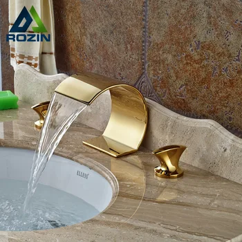 Moderne Waterval Dual Handvatten Badkamer Wastafel Kraan Deck Mount Messing Golden Basin Sink Kranen