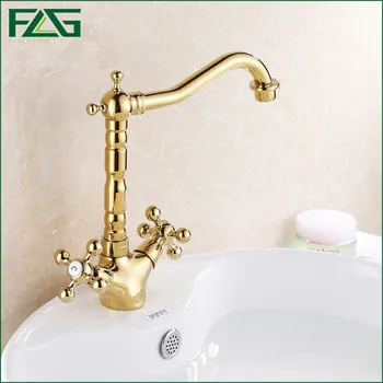 FLG Wastafel Kraan 360 Graden Swivel Chine Torneiras Para Banheiro Quente E Frio 2 Handgrepen Spool Gouden Kleur Mixer Water Tap M104