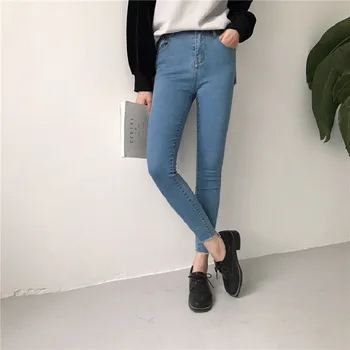 Mode eenvoudige alle match hoge taille enkellange slim fit elastische denim skinny cropped jeans broek voor vrouwen