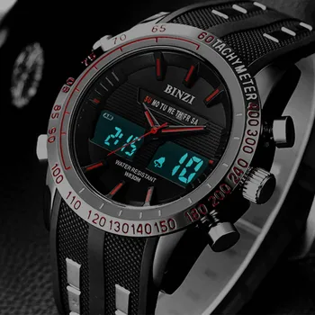 Nieuwe binzi merk horloge mens datum dag led display luxe sport horloges digitale militaire heren quartz polshorloge relogio masculino