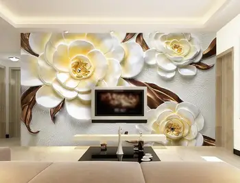 Aanpassen behang voor muren 3 d olieverf 3d gesneden camellia opluchting TV achtergrond behang interieur 3d photo behang