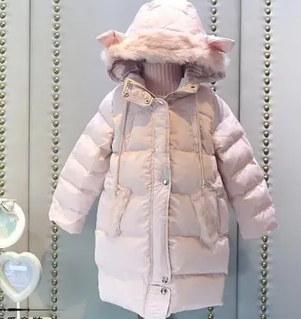 2016 Winter kinderen warme kleding meisjes jassen mode oor fake fur hooded rits dikke hand katoen lange katoen meisje jas