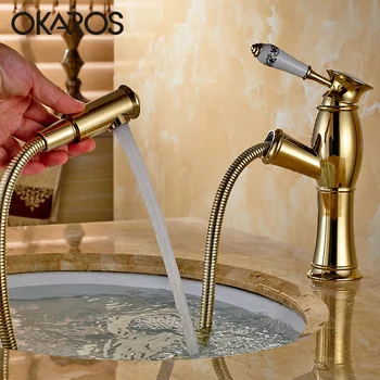 OKAROS Badkamer Kraan Wastafel Kraan Trek Met Crystal Chrome Golden Afwerking Plated Hot Water Vessel Sink Mengkraan