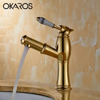OKAROS Badkamer Kraan Wastafel Kraan Trek Met Crystal Chrome Golden Afwerking Plated Hot Water Vessel Sink Mengkraan