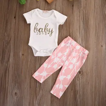Katoen Pasgeboren Baby Meisje Kleding Set Outfits Bodysuits Korte Mouw + Roze Pijl Pant Legging Baby Meisje Kleding 2 STKS Set