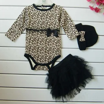 Luipaard baby meisje kleding 3 st sets: lange mouwen rompertjes + tutu rok dress + hoofdband (hoed) herfst kids meisjes kleding pak