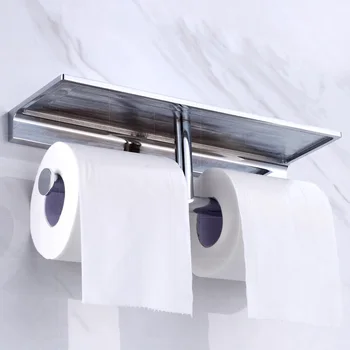 Luxe Dubbele Roll Toiletrolhouder met Mobiele Telefoon Houder Wandmontage Messing Chrome Badkamer Plank