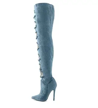 Nieuwe mode puntschoen hoge hak laarzen 2017 sexy denim blauw over de knie laarzen uitsparingen dij hoge laarzen vrouw lange laarzen