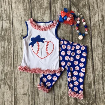 Zomer ontwerp baby meisjes baseball print seizoen hart boutique navy rood ruches katoen capri outfit kleding bijpassende accessoires