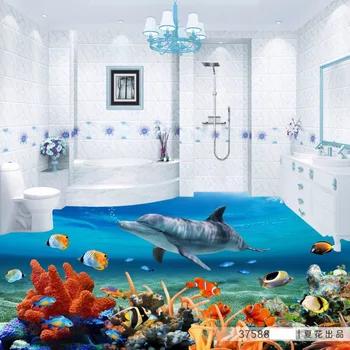 Gratis verzending custom 3d coral vloeren sticker badkamer keuken kantoor zelfklevende dragen vloer behang mural