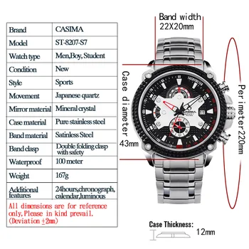 Mannen horloges Sport Mode Luxe Elegance quartz horloge siliconen band multifunctionele lichtgevende waterdicht 100 m CASIMA #8207