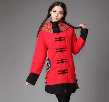 Winter chineses tyle retro kikker katoen linnen contrast kleur patchwork borduren jas katoen gewatteerde kleding trenchcoat