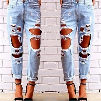 Europese Plus Size Losse Wilde Jeans Vrouw Sexy Hole Ripped Jeans Voor Vrouwen Gloednieuwe 2016 Fashion Casual Boyfriend Denim broek