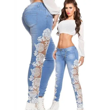 Sexy Kant Perspectief Patchwork Casual Jeans Vrouw 2016 Fashion Plus Size Wilde Strakke Volledige Lengte Potlood Broek Denim Vrouwen Jeans