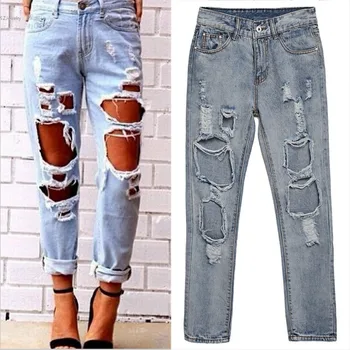 Calsas Ripped Jeans Voor Vrouwen Baggy Lichtblauw Denim Jeans Met Gaten Jean Vriendje Femme Dames Gescheurde Jeans